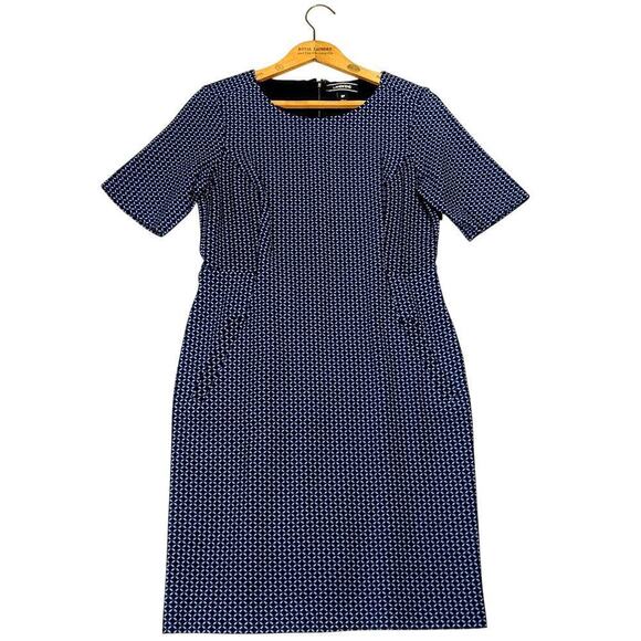 Lands End Short Sleeve Sheath Dress Size 8P New Blue Print Pockets Career - Picture 1 of 7